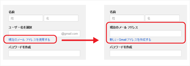 現在のメールアドレスを使用するをクリック